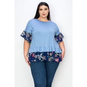 059 Curvy Lovey Ruffle Sleeves Tunic Top With Double Frill Hem in Lavender Blue